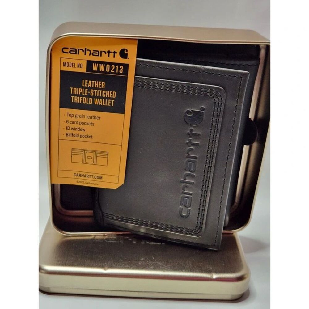 Carhartt Black Top Grain Leather Triple Stitched Trifold Wallet